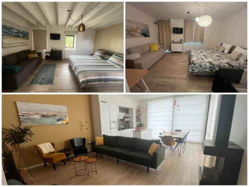 two pictures of a living room and a bedroom at De Lokroep in Heers