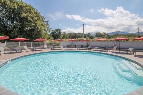 une grande piscine avec chaises et parasols dans l'établissement Mobilhome 2 Tout Confort, à Taglio-Isolaccio
