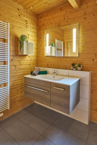a bathroom with a sink and a mirror at Eifelzeit in Rieden