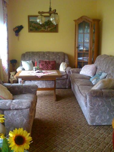 a living room with two couches and a coffee table at Fewo Mueller in Saarlouis