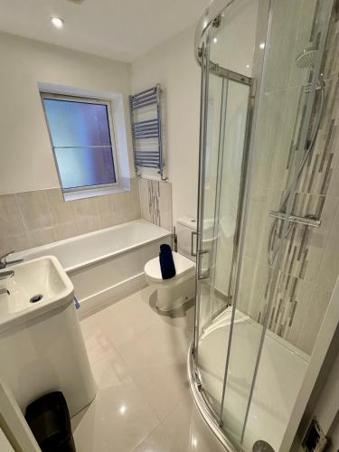 a bathroom with a shower and a toilet and a sink at Coastal 3BR Garden & Parking in Eastbourne