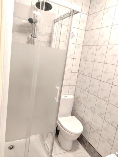 a white bathroom with a toilet and a shower at Casa Rosalina in Longwy