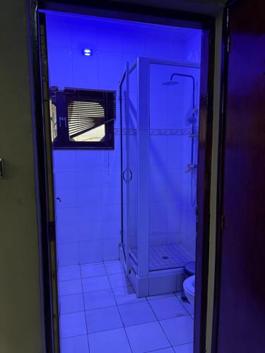 a bathroom with a shower and a toilet in a blue light at TR CASA DE AcCOMODAÇÃO in Matola