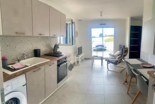 a kitchen with a sink and a washing machine at la maison dans la prairie fleurie gite bleuet in Saint-Avit-Sénieur