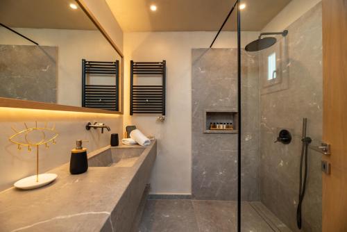 a bathroom with a shower and a sink at Aronia Glow Villa in Imerovigli
