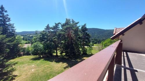 a balcony with a view of a yard with trees at Les balcons du Haut-Forez in Chalmazel Jeansagniere