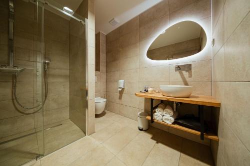 a bathroom with a sink and a shower at Rooms at Podlipje Estate in Tešanovci