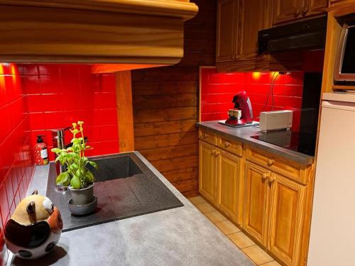 Il comprend une cuisine dotée de murs rouges et une cuisine équipée d'un réfrigérateur. dans l'établissement Chalet 3 Pièces 6 Pers. à Châtel - Balcon, Proche Remontées, Parking, Multi Pass Inclus - FR-1-676-179, à Châtel