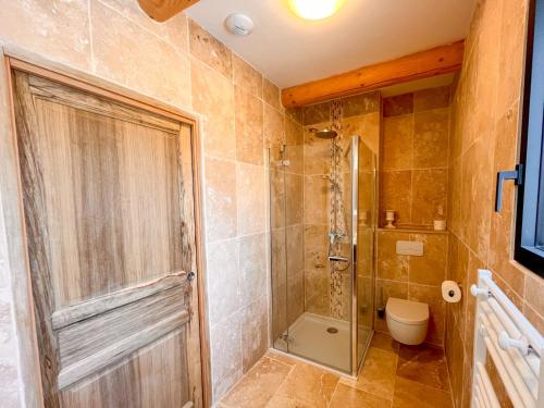 a bathroom with a shower and a toilet at Radegonde - Maison de charme avec piscine in Rustrel