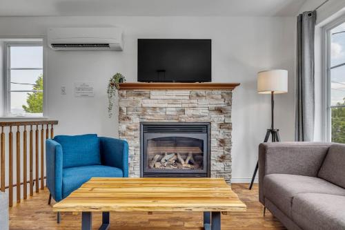 a living room with a fireplace with a tv above it at Initial - Jumeau 33 - MSA in Saint-Férréol-les-Neiges