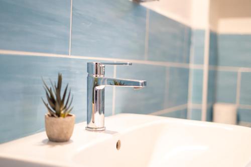 a bathroom sink with a faucet and a plant on it at B&B Sinis Domus in Siniscola