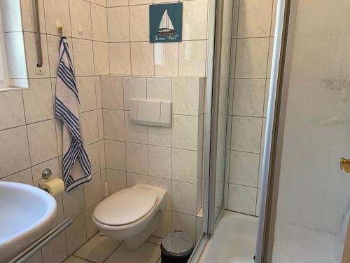 a bathroom with a toilet and a shower and a sink at Seebrise 25 in Funfseen