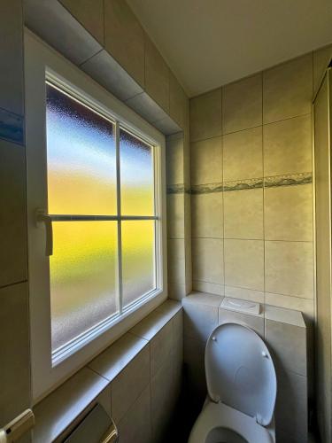 a bathroom with a toilet and a window at Vogtadeshof in Wolfach