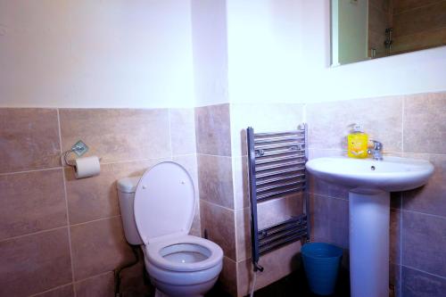 a bathroom with a toilet and a sink at Edinburgh Road Guest House in Liverpool
