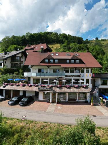 a large building with cars parked in front of it at Schwarzwald Hotel Wiedenerhof in Wieden
