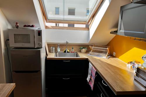 une cuisine avec un évier et un micro-ondes dans l'établissement Charming 2 rooms near hypercenter, à Nantes