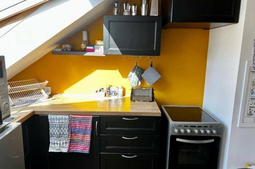 d'une cuisine avec une cuisinière et un mur jaune. dans l'établissement Charming 2 rooms near hypercenter, à Nantes