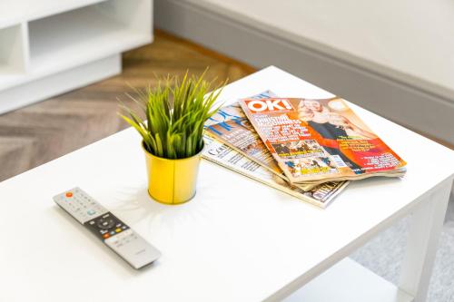 a table with a remote control and magazines and a plant at Stylish Apartment - Wolverhampton City Centre - High-Speed Internet 12AC in Wolverhampton