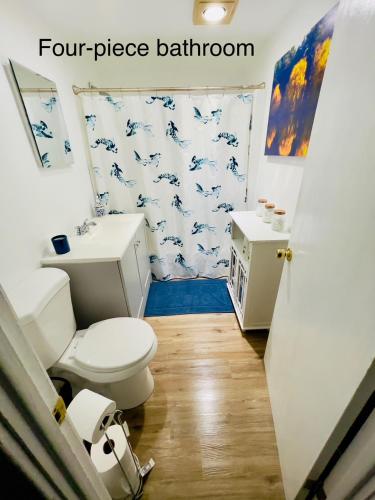 a bathroom with a toilet and a sink at GL- Great Location, Free Parking, Spacious, Private Office & Family Friendly in Evanston