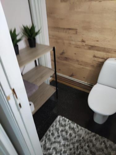 un bagno con un water bianco e una scrivania di Willa Vitsari n60m2 a Kokkola