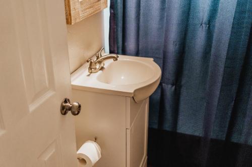 a bathroom with a sink and a blue shower curtain at Near Lake Texoma Quad-plex - 28 in Mead