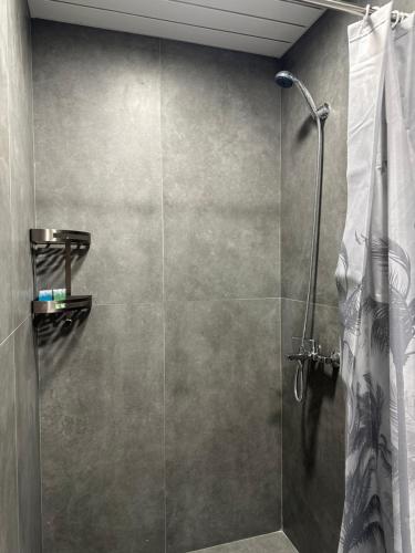 a shower with a glass door in a bathroom at Armenian Corner in Pʼarakʼar