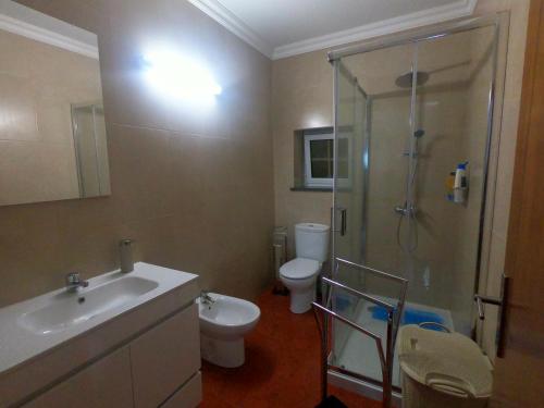 a bathroom with a toilet and a shower and a sink at Quinta do José - AL in Praia da Vitória