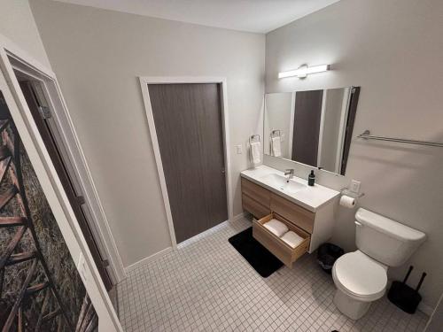 a bathroom with a white toilet and a sink at Charcoal Loft in Des Moines
