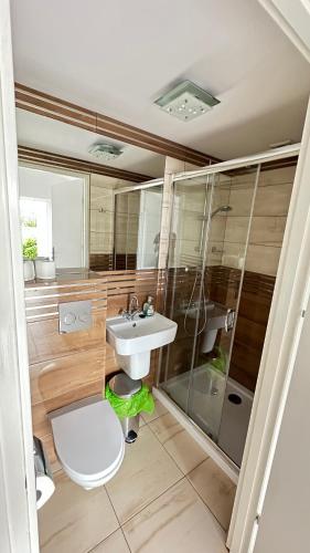a bathroom with a toilet and a sink and a shower at Noclegi Pod Orłami in Lubaczów