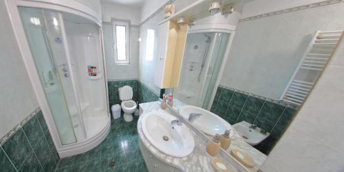 a bathroom with a sink and a shower and a toilet at Spacious Penthouse Sofia in Sofia
