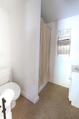 a white bathroom with a toilet and a shower at Wilderness West Resort Cabin 2 in Colville
