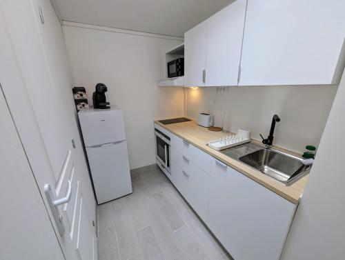 a white kitchen with a sink and a refrigerator at 2 bedroom house Bourbourg in Bourbourg