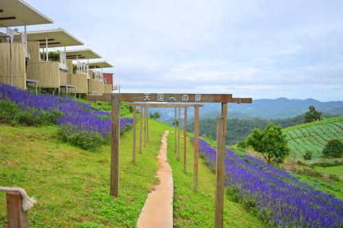 a sign on a hill with purple flowers at ภูวินคาเฟ่ โฮมสเตย์ Phuwin Homestay Monjam in Mon Jam