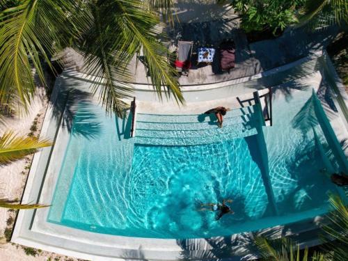 an overhead view of a pool with two people swimming at Villa Juliana in Jambiani