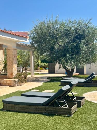 two lounge chairs on the grass in a yard at La linea dell'orizzonte in Alberobello