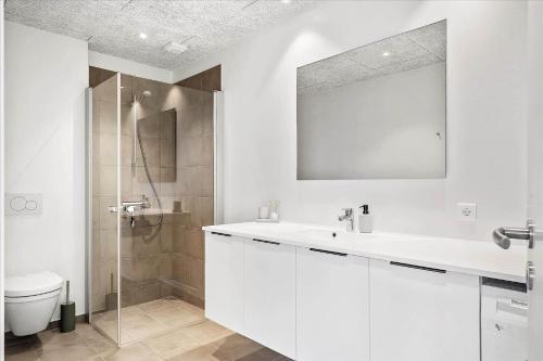 Un baño con lavabo, inodoro y espejo. en 918-Hvide-Sande-Langsand-182, en Hvide Sande