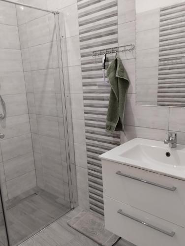 a white bathroom with a shower and a sink at Agroturystyka Goliat in Zapolice