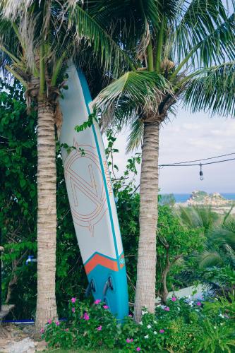 a surfboard is standing between two palm trees at Peaceful Hill Homestay in Ke Ga
