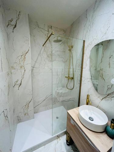 une salle de bain blanche avec un lavabo et une douche dans l'établissement Lappart Rémois Centre-ville, à Reims