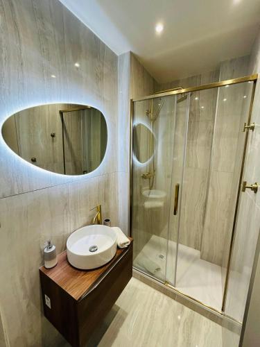 une salle de bain avec un lavabo et une douche dans l'établissement Lappart Rémois Balcon Centre-ville, à Reims