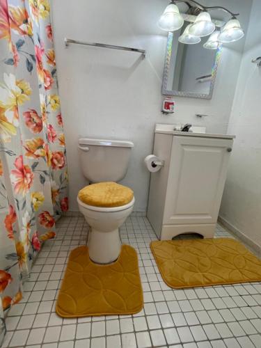 a bathroom with a toilet with a yellow seat at Perfect Large Home for Groups & Families in Ponce in Ponce