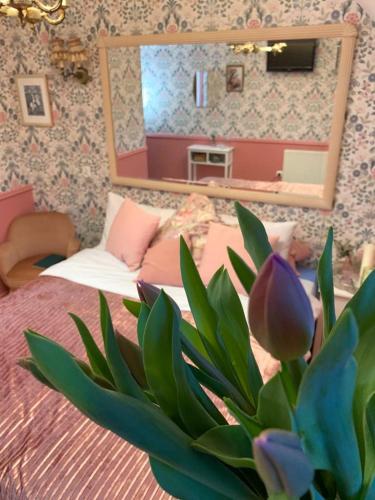 a bedroom with a bed with a mirror and a plant at Willa Wydra in Krościenko