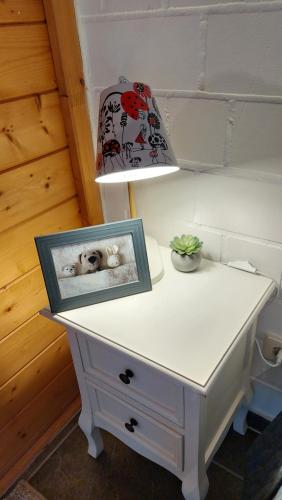 a picture of a dog on a table with a lamp at Ferienwohnungen Sonnenhalde mit schöner Aussicht in Forbach