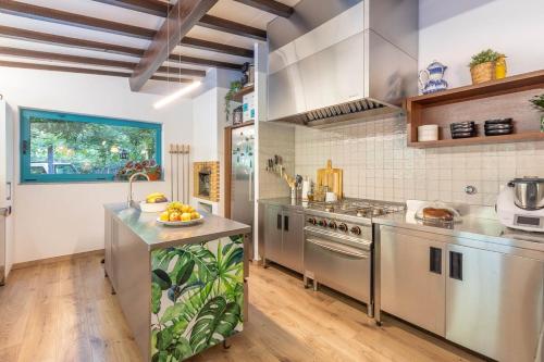 a kitchen with stainless steel appliances and a counter at Nature Escape with Pool & BBQ in Viana do Castelo