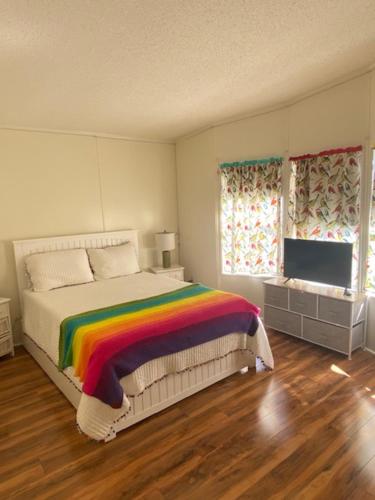 een slaapkamer met een regenboogbed en een televisie bij Misty falls in Ormond Beach