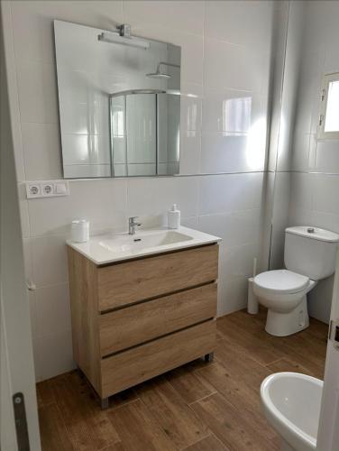 a bathroom with a sink and a toilet and a mirror at Villa Karma in Berja