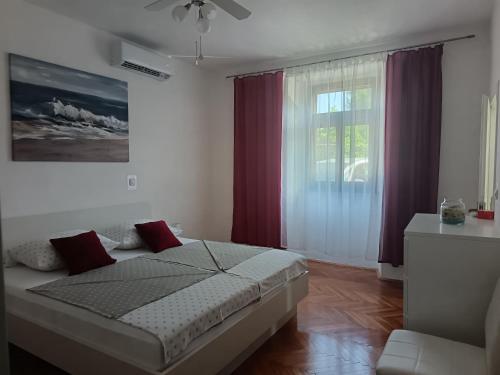a bedroom with a bed with red pillows and a window at Holiday Home Latin in Peruški