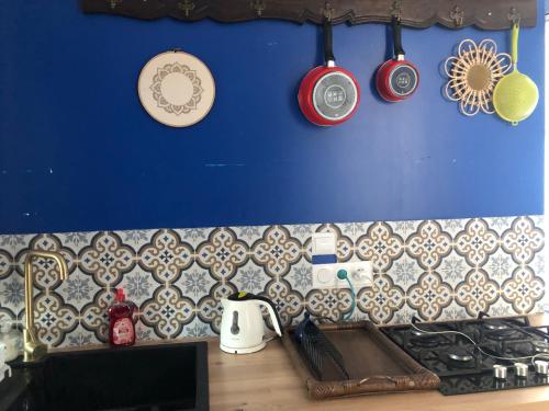 a kitchen counter with plates and utensils on a blue wall at MAISON AVEC JARDIN - 2 logements et entrées distincts et indépendantes in Saint-Paimboeuf