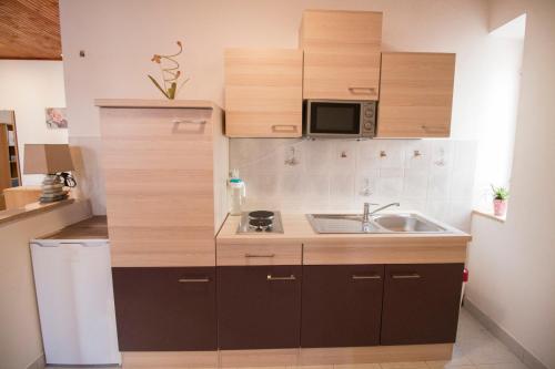 una pequeña cocina con fregadero y microondas en Apartment Piazza Antica, en Rovinj