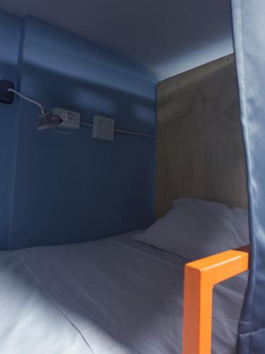 a bed in a room with a blue wall at Hostel43 in Estación El Salto